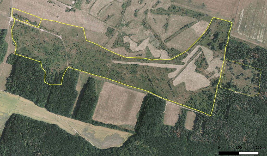 Letecký snímek pastviny na Mašovické střelnici v roce 2018